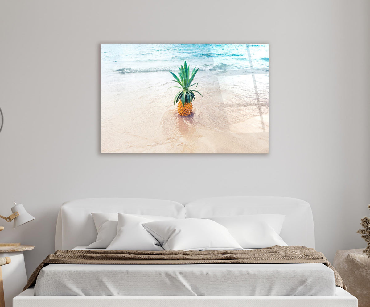 Pineapple on Tropical Beach Glass Wall Art in a living room interior
