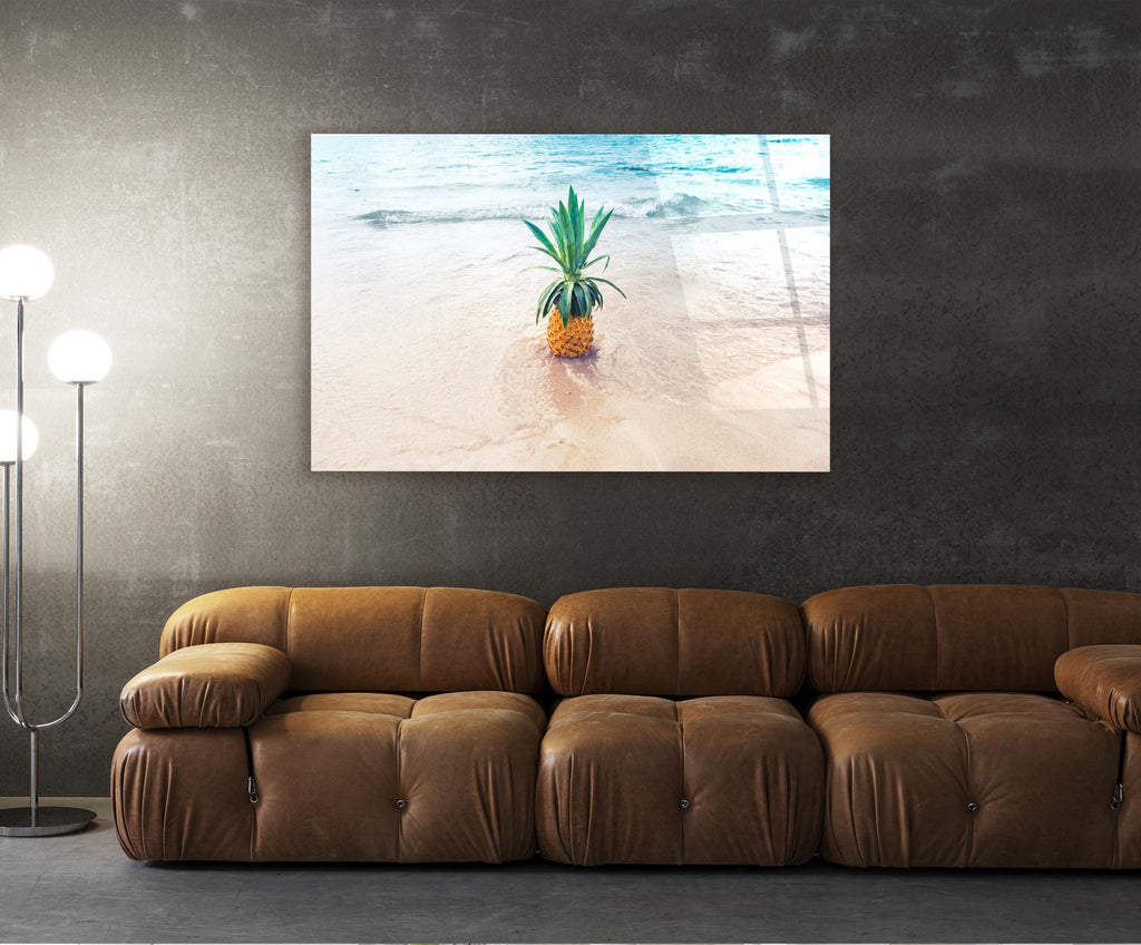 Pineapple on Tropical Beach Glass Wall Art in a modern interior