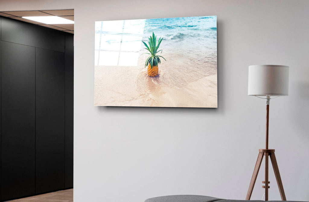 Pineapple on Tropical Beach Glass Wall Art on the wall