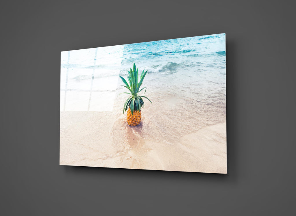 Pineapple on Tropical Beach Glass Wall Art close-up