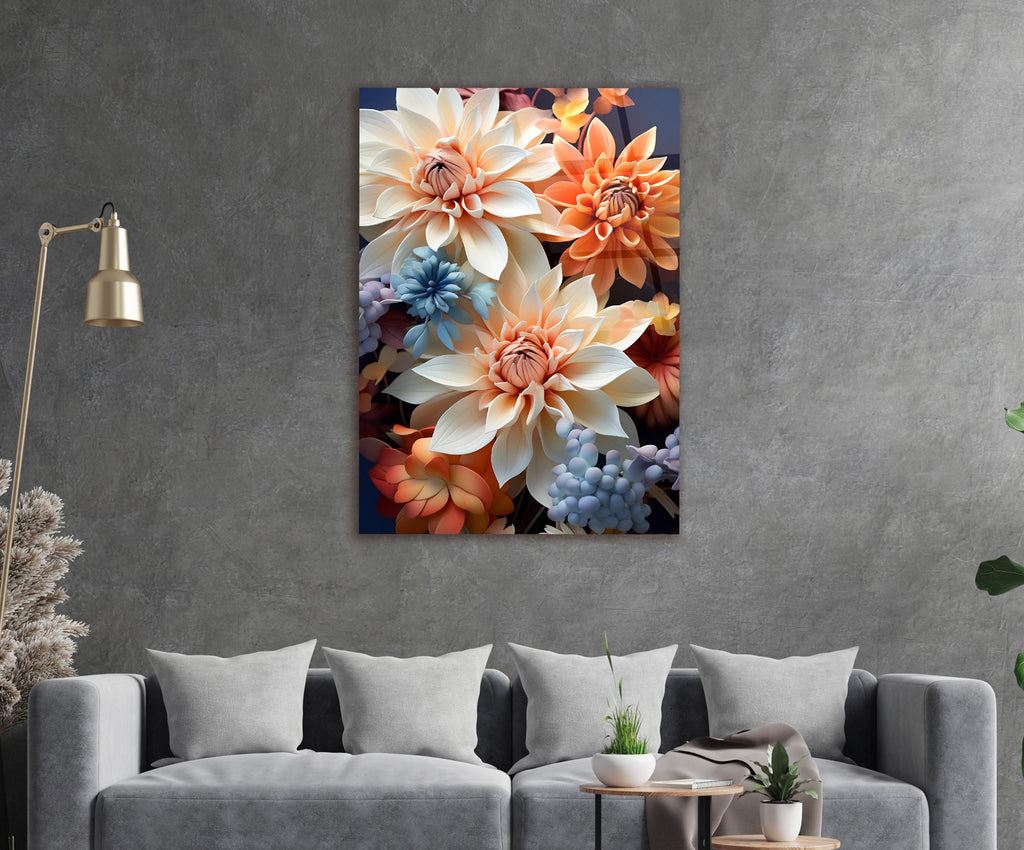 Peach and Blue Dahlia Bouquet Glass Wall Art in a living room interior