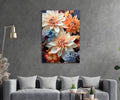 Peach and Blue Dahlia Bouquet Glass Wall Art in a living room interior