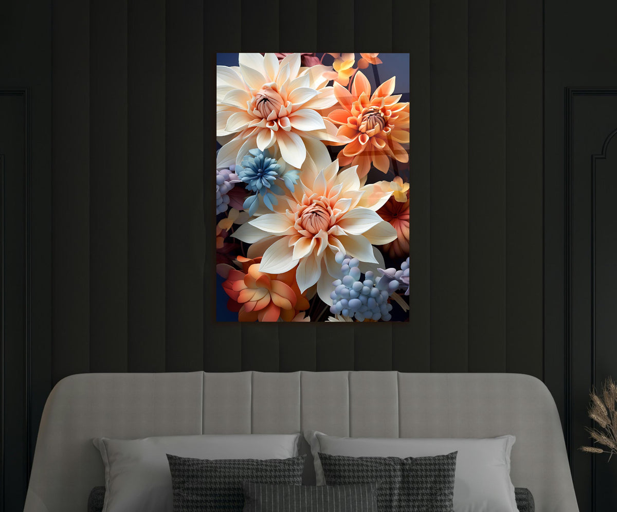 Peach and Blue Dahlia Bouquet Glass Wall Art in a modern interior