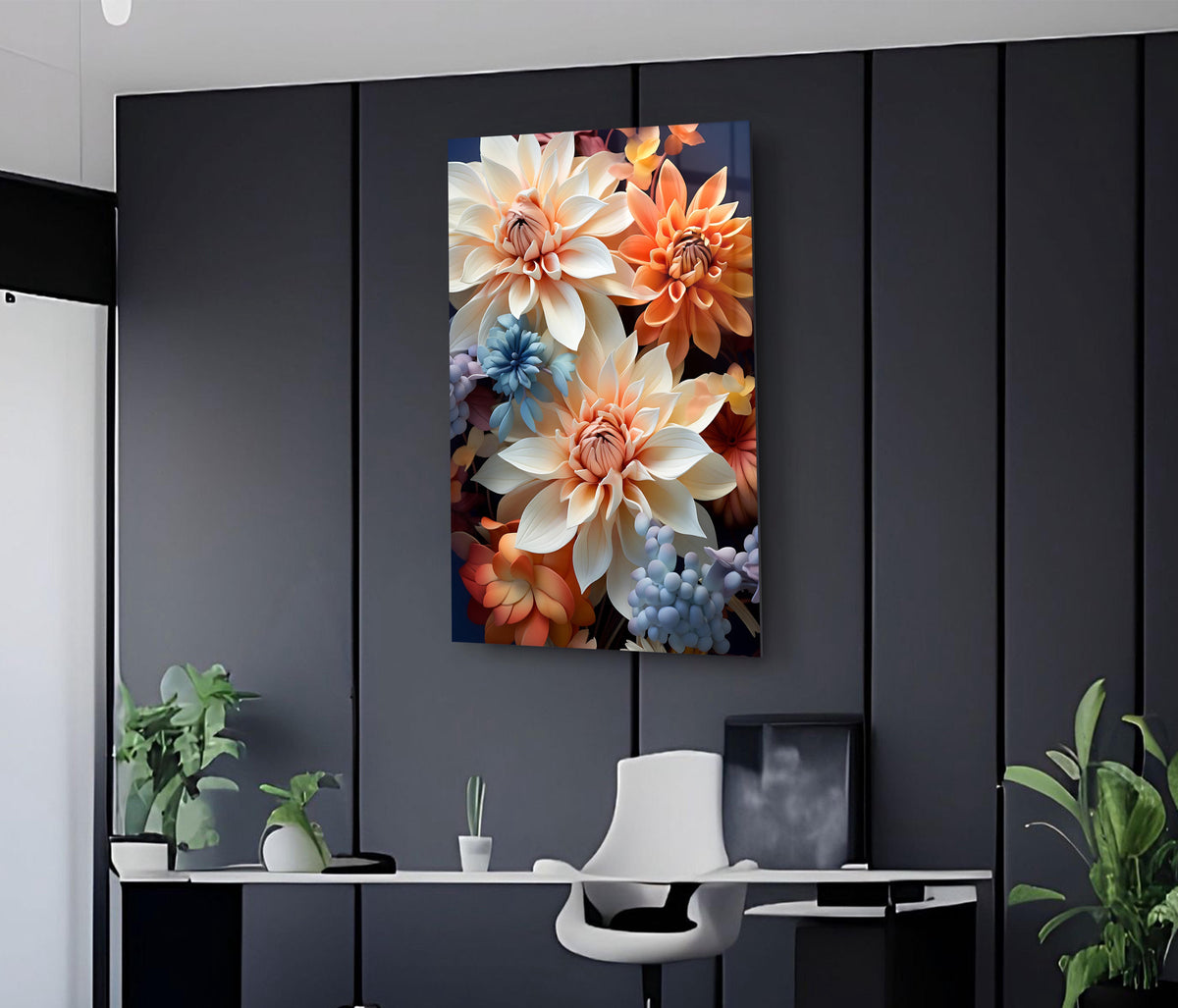 Peach and Blue Dahlia Bouquet Glass Wall Art on the wall