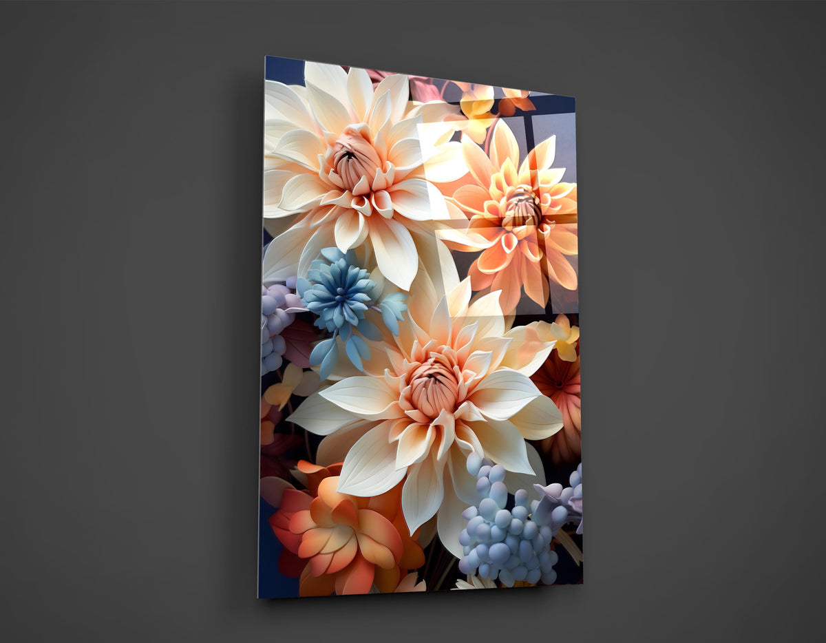 Peach and Blue Dahlia Bouquet Glass Wall Art close-up