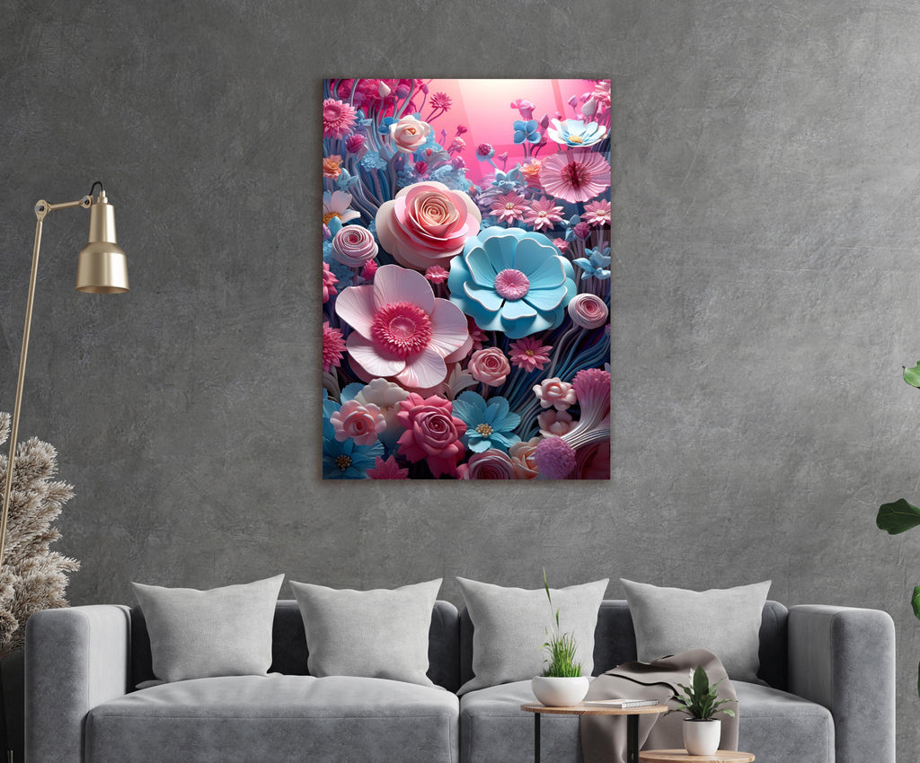 Pink and Blue 3D Paper Flowers Glass Wall Art in a living room interior
