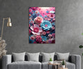 Pink and Blue 3D Paper Flowers Glass Wall Art in a living room interior