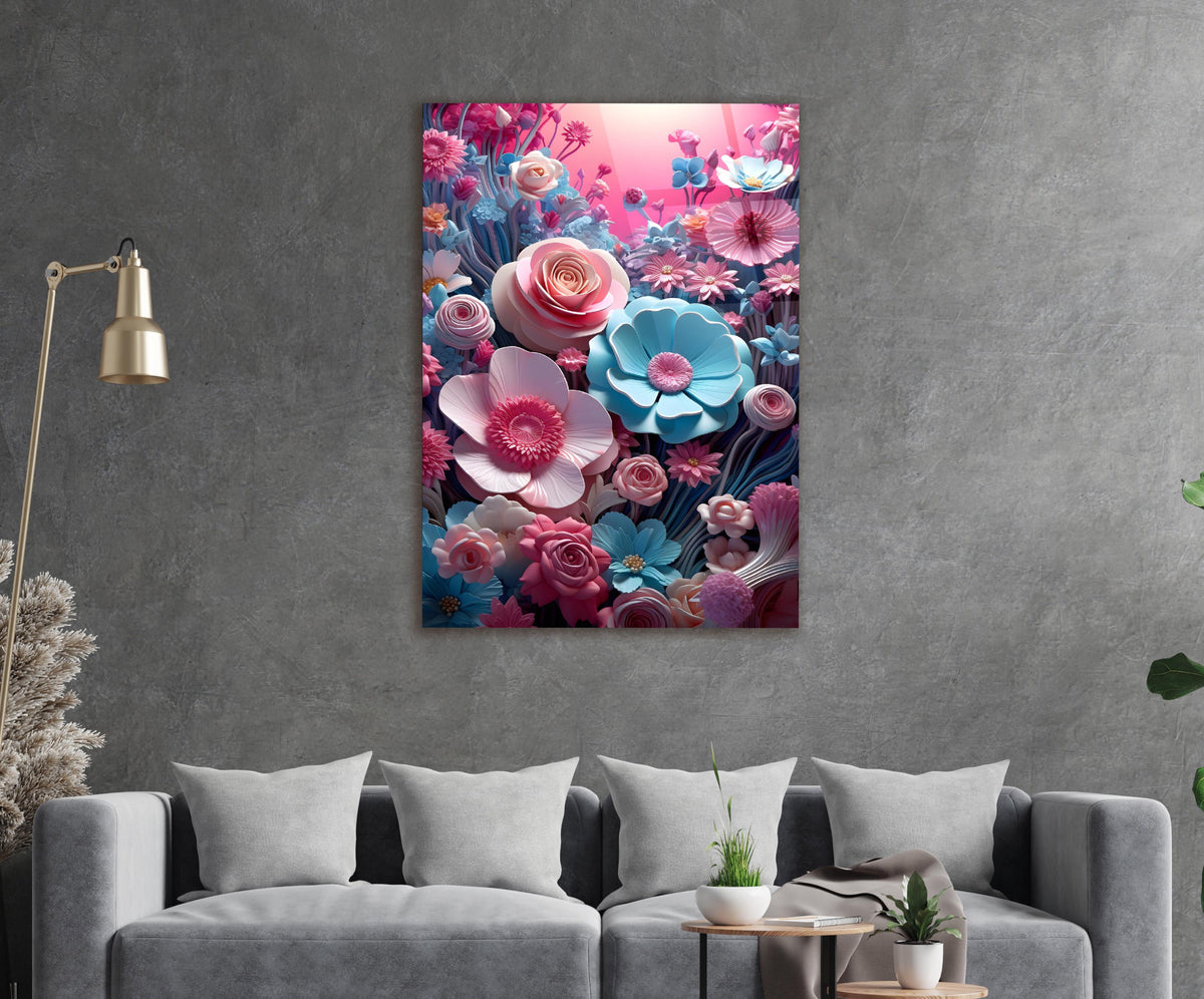 Pink and Blue 3D Paper Flowers Glass Wall Art in a living room interior
