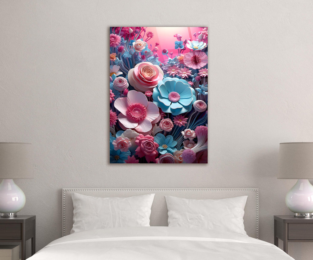 Pink and Blue 3D Paper Flowers Glass Wall Art in a modern interior