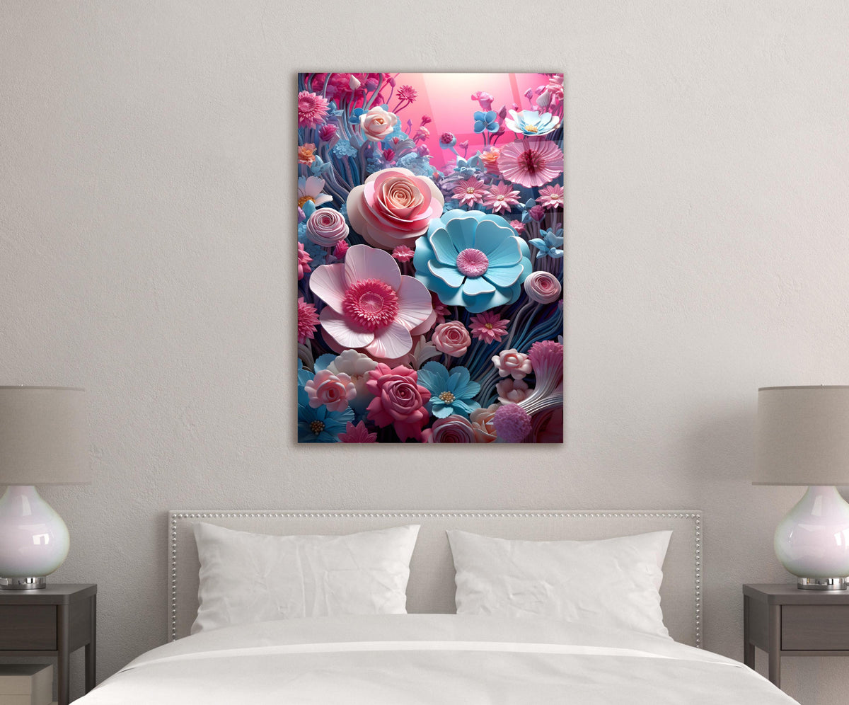 Pink and Blue 3D Paper Flowers Glass Wall Art in a modern interior