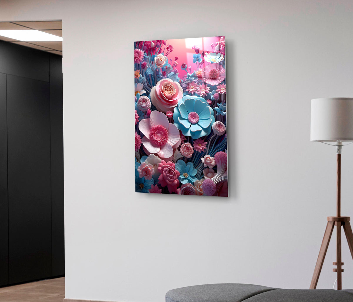 Pink and Blue 3D Paper Flowers Glass Wall Art on the wall