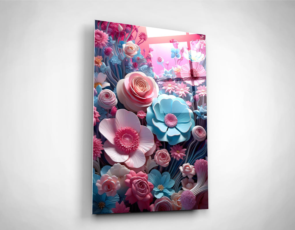 Pink and Blue 3D Paper Flowers Glass Wall Art close-up