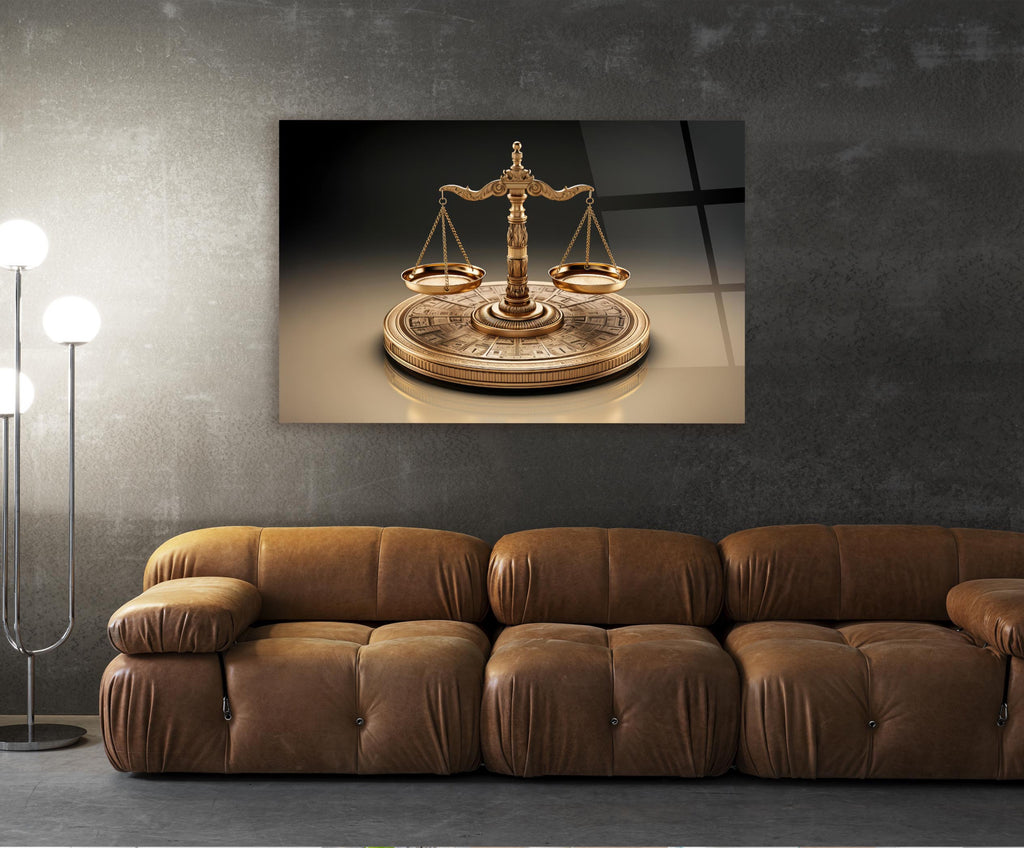 Golden Scales of Justice Glass Wall Art in a living room interior
