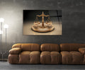 Golden Scales of Justice Glass Wall Art in a living room interior