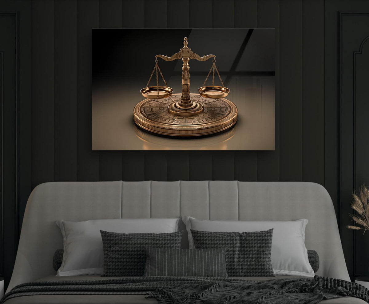 Golden Scales of Justice Glass Wall Art in a modern interior