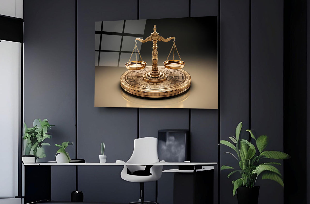 Golden Scales of Justice Glass Wall Art on the wall