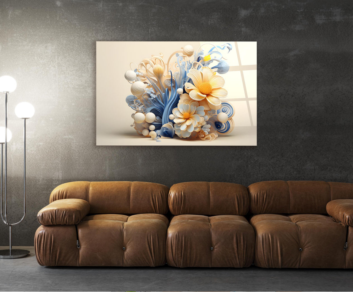 Cream and Blue 3D Floral Swirl Glass Wall Art in a modern interior