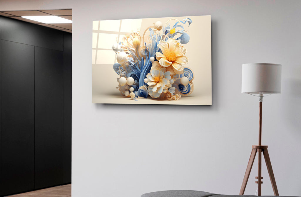 Cream and Blue 3D Floral Swirl Glass Wall Art on the wall