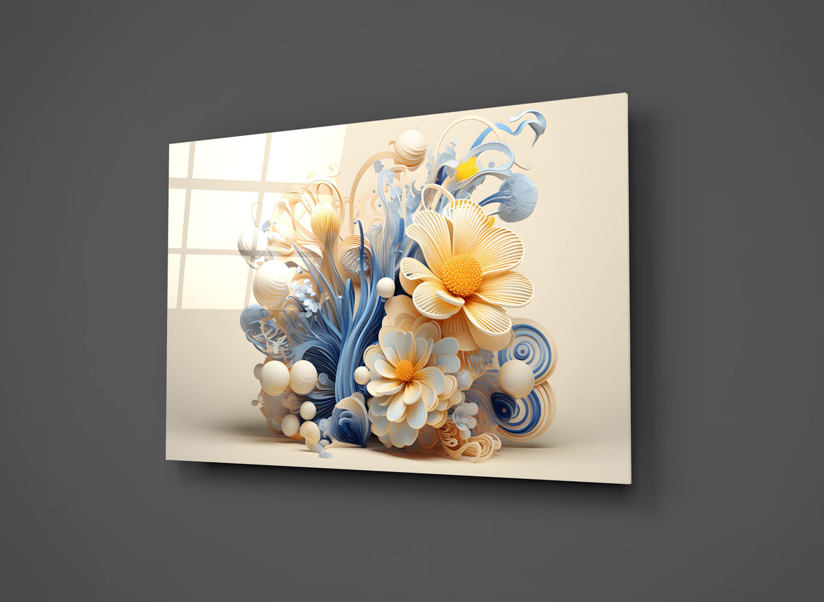 Cream and Blue 3D Floral Swirl Glass Wall Art close-up