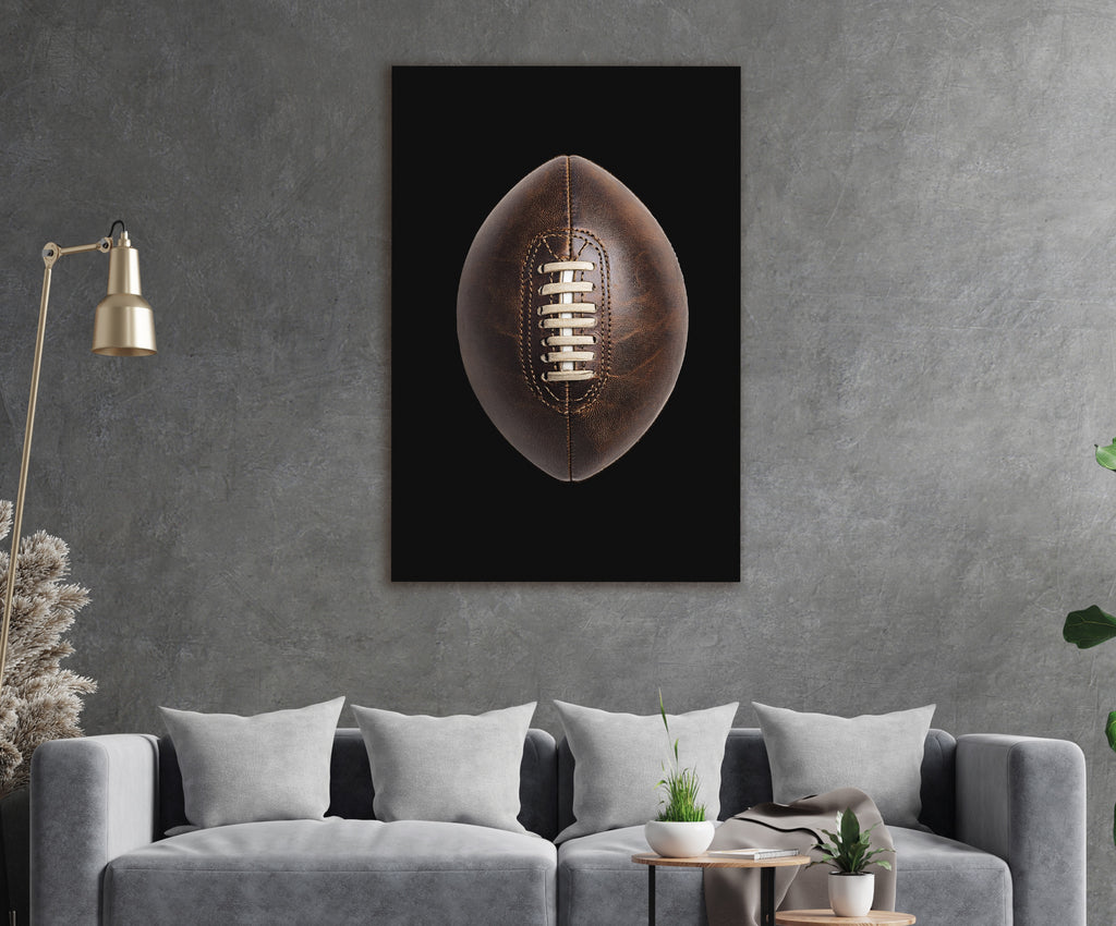 Vintage Leather Football Glass Wall Art in a living room interior