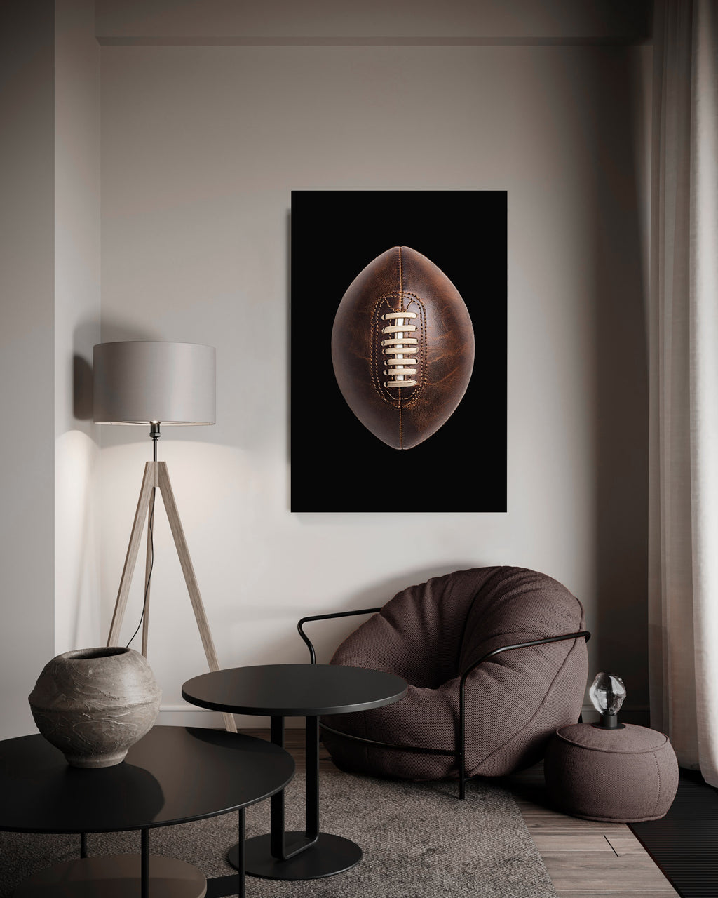 Vintage Leather Football Glass Wall Art in a modern interior