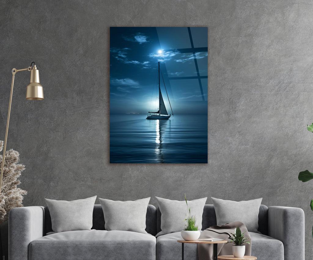 Moonlit Sailboat on Calm Sea Glass Wall Art in a modern interior