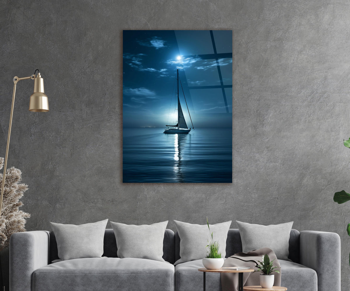 Moonlit Sailboat on Calm Sea Glass Wall Art in a modern interior