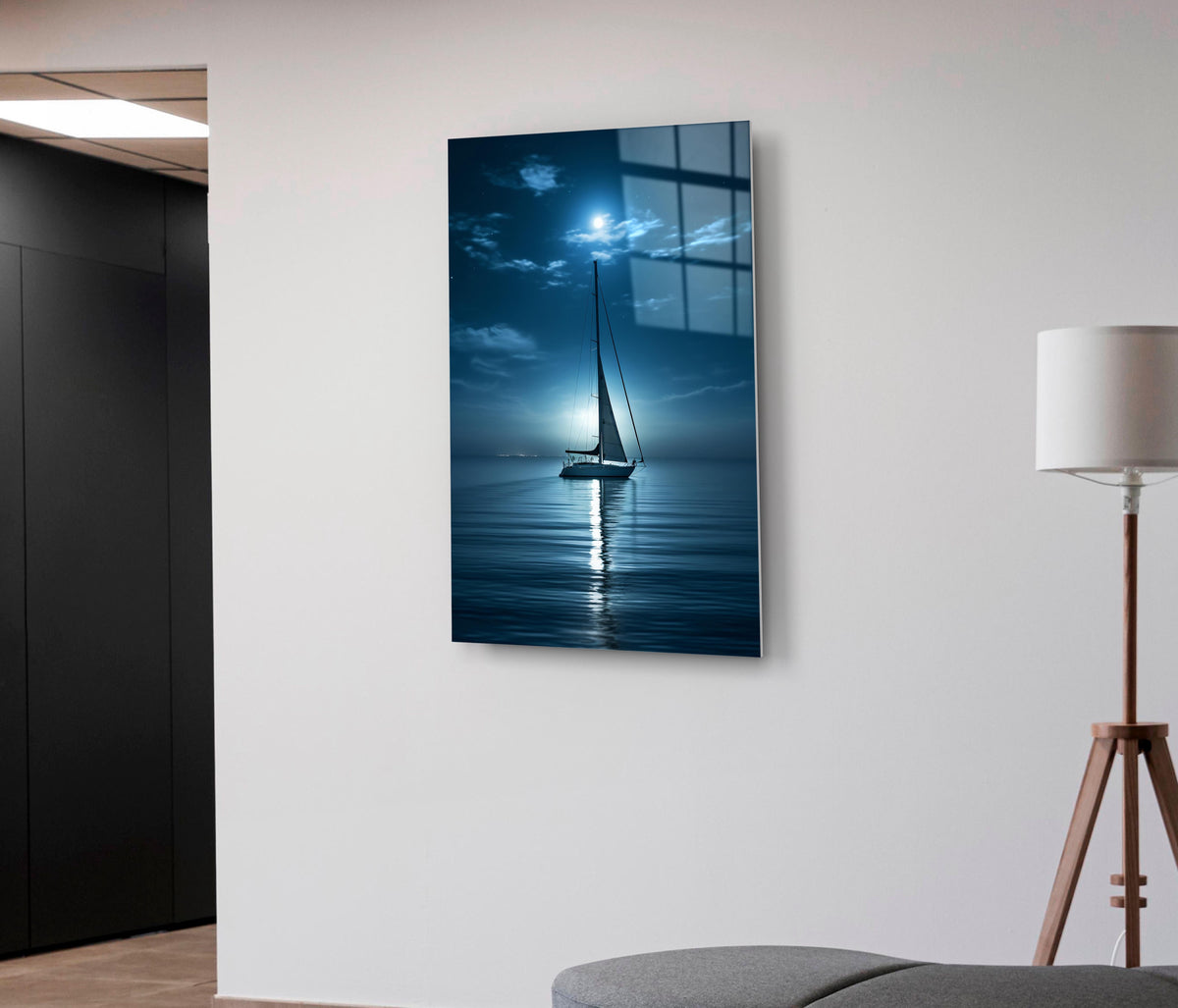 Moonlit Sailboat on Calm Sea Glass Wall Art on the wall