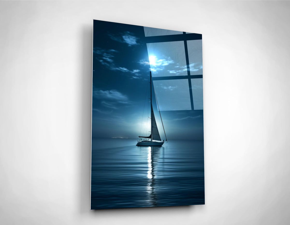 Moonlit Sailboat on Calm Sea Glass Wall Art close-up