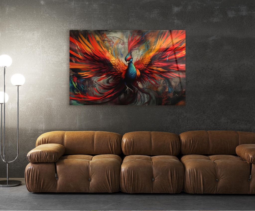 Fiery Phoenix Bird Glass Wall Art in a living room interior