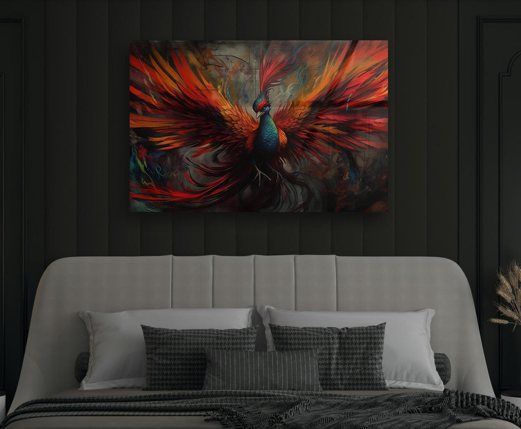 Fiery Phoenix Bird Glass Wall Art in a modern interior
