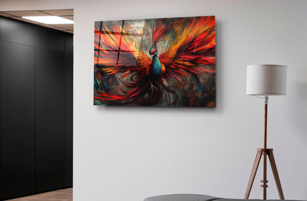 Fiery Phoenix Bird Glass Wall Art on the wall