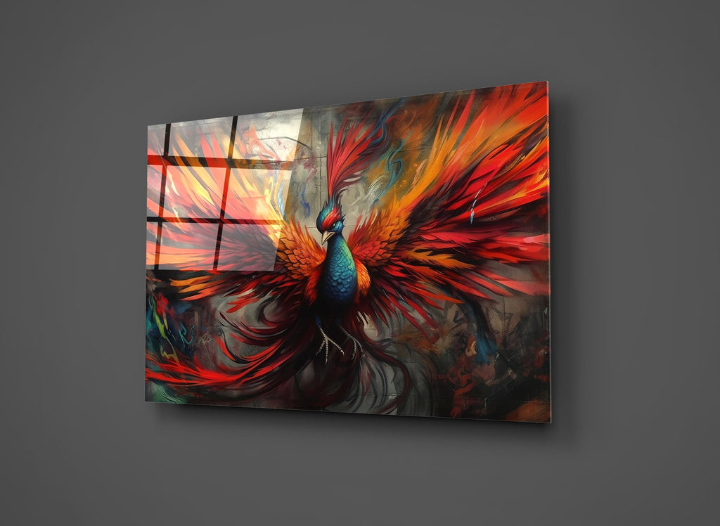 Fiery Phoenix Bird Glass Wall Art close-up
