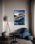 Luxury Speedboat at Sunset Glass Wall Art in a living room interior