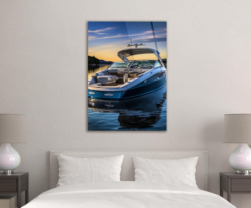 Luxury Speedboat at Sunset Glass Wall Art in a modern interior