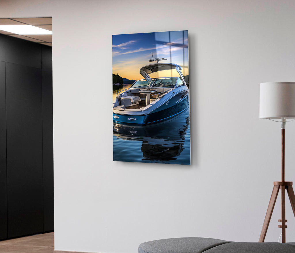 Luxury Speedboat at Sunset Glass Wall Art on the wall