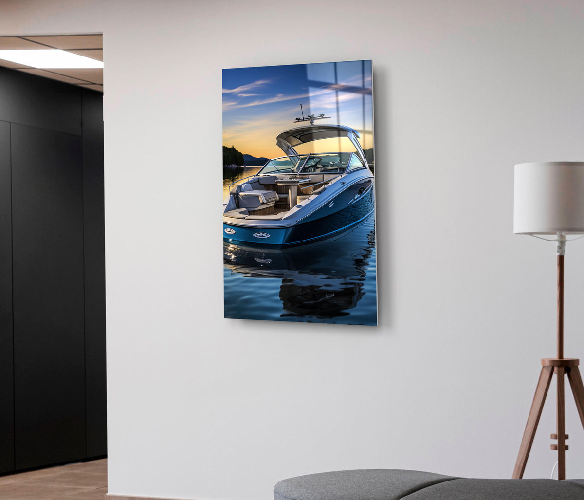 Luxury Speedboat at Sunset Glass Wall Art on the wall