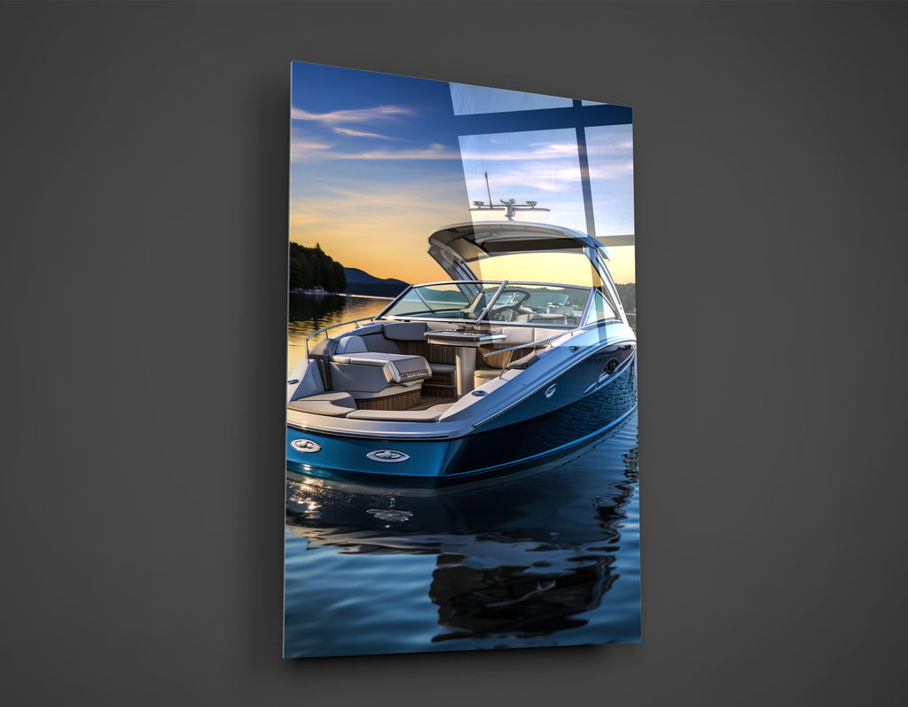Luxury Speedboat at Sunset Glass Wall Art close-up