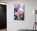 Glowing Translucent Roses Glass Wall Art in a living room interior