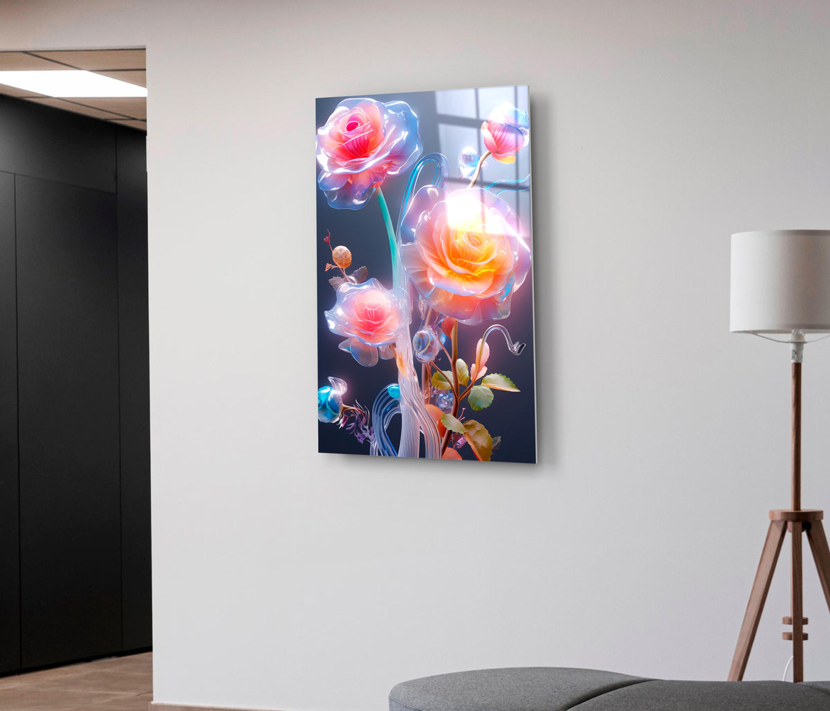 Glowing Translucent Roses Glass Wall Art in a living room interior
