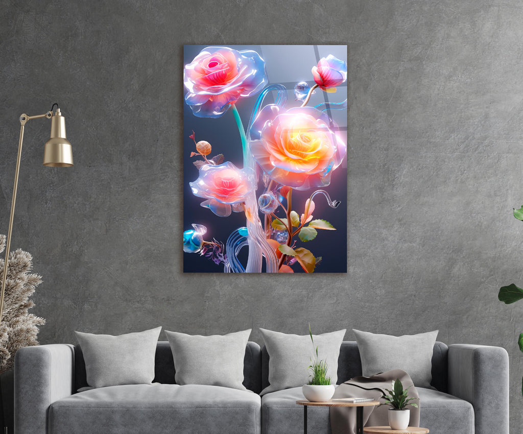 Glowing Translucent Roses Glass Wall Art in a modern interior