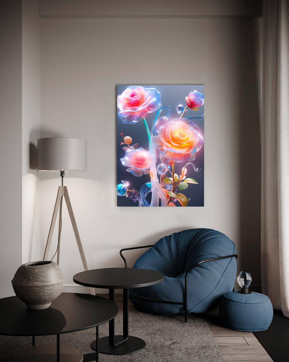 Glowing Translucent Roses Glass Wall Art on the wall