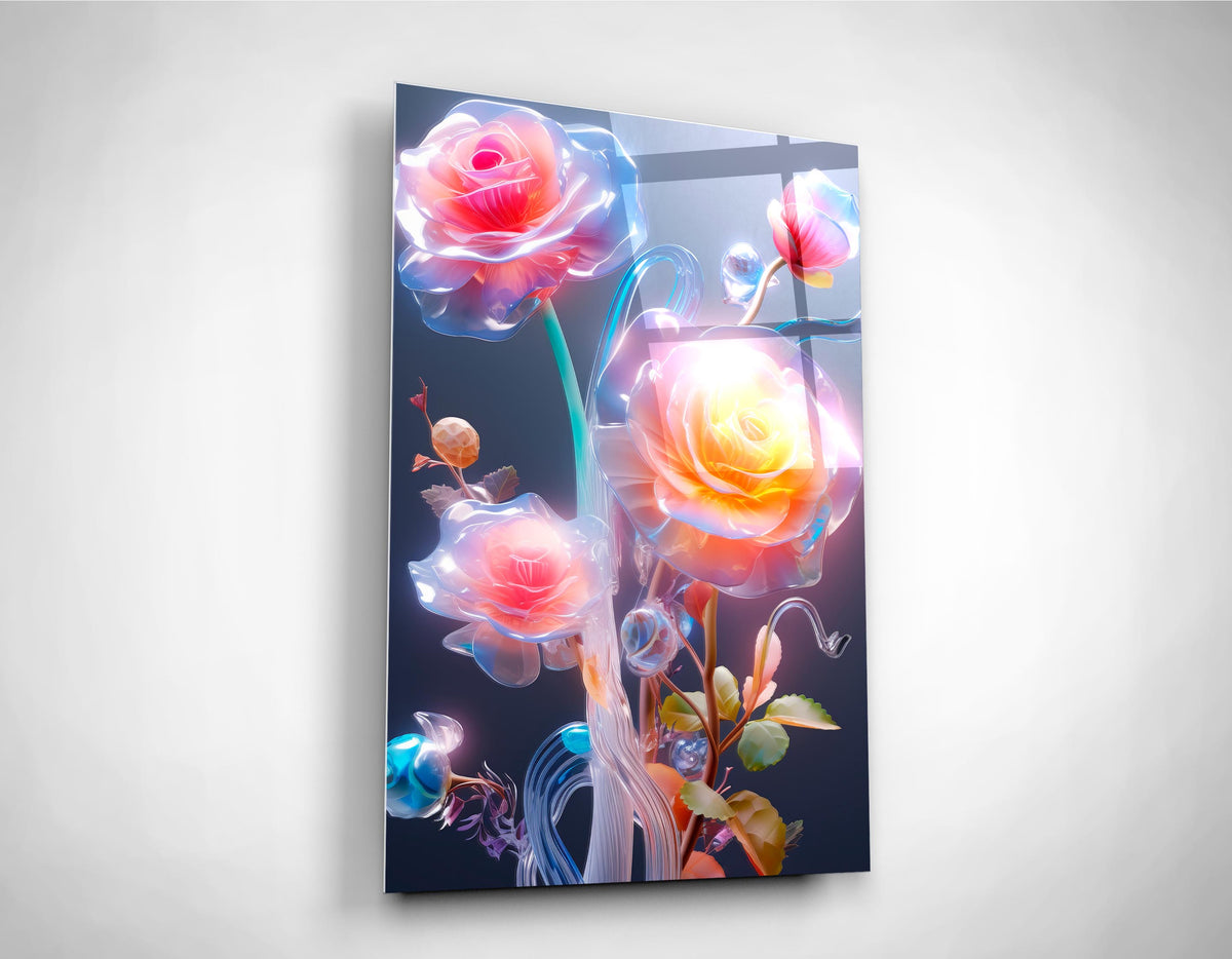 Glowing Translucent Roses Glass Wall Art close-up