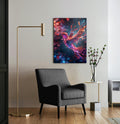 Neon Hummingbird in Flight Glass Wall Art in a living room interior