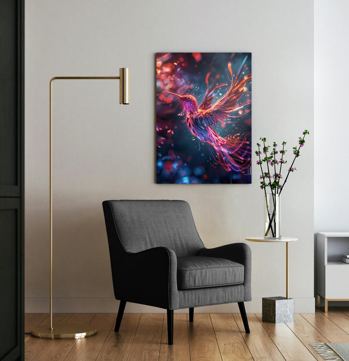 Neon Hummingbird in Flight Glass Wall Art in a living room interior
