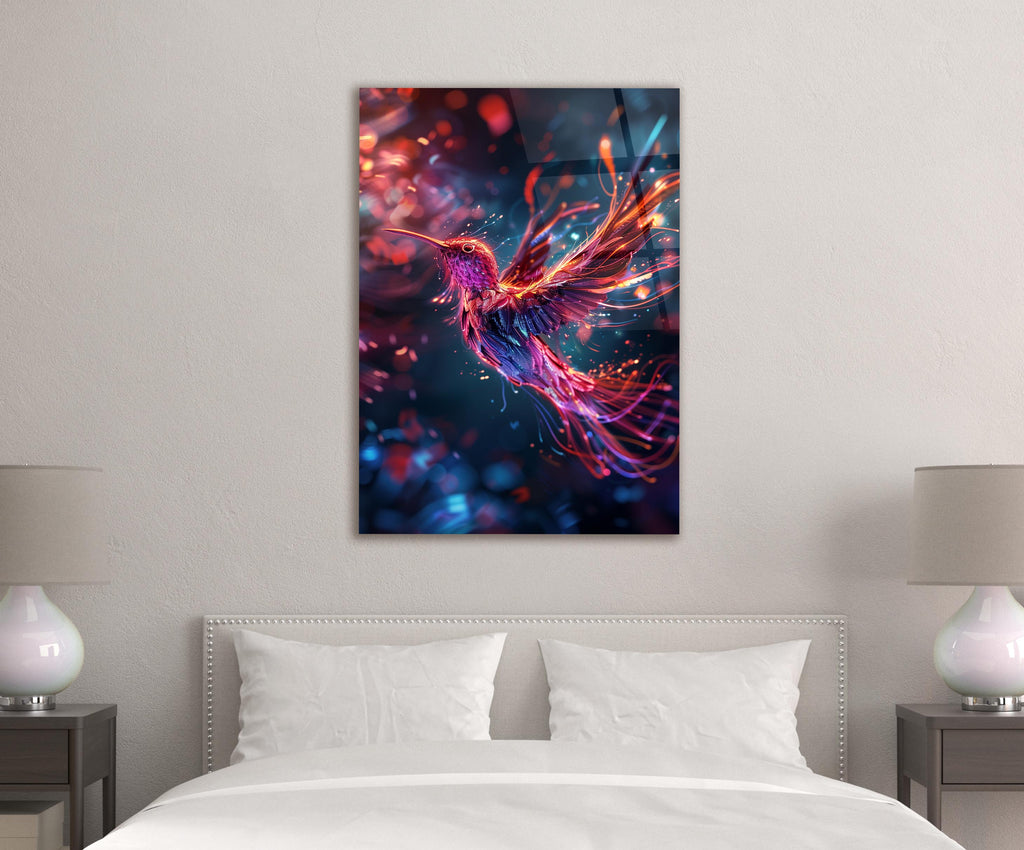 Neon Hummingbird in Flight Glass Wall Art in a modern interior