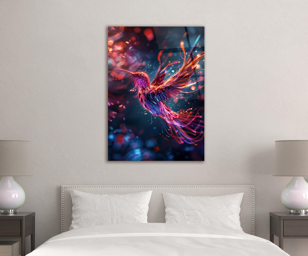 Neon Hummingbird in Flight Glass Wall Art in a modern interior