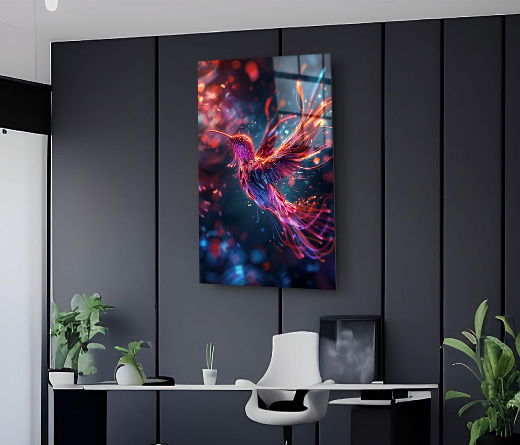 Neon Hummingbird in Flight Glass Wall Art on the wall