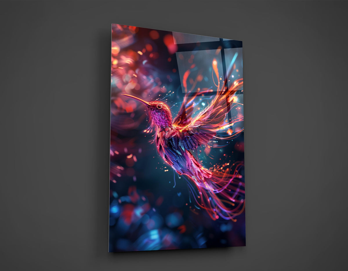 Neon Hummingbird in Flight Glass Wall Art close-up