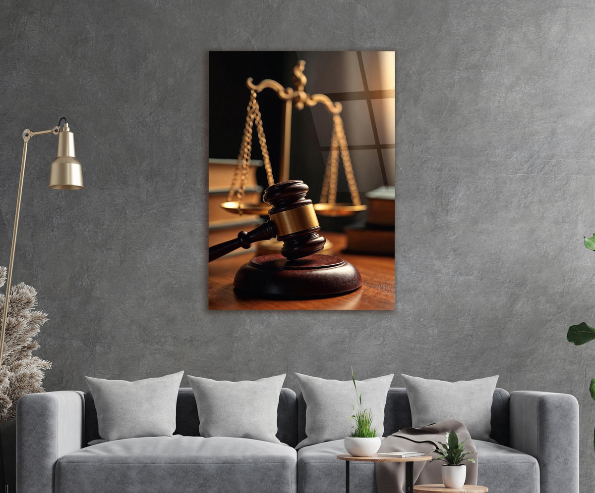 Scales of Justice and Gavel Glass Wall Art in a living room interior